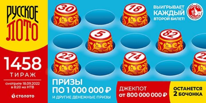 Результаты 1458 тиража лотереи Русское лото от 18 сентября 2022 года